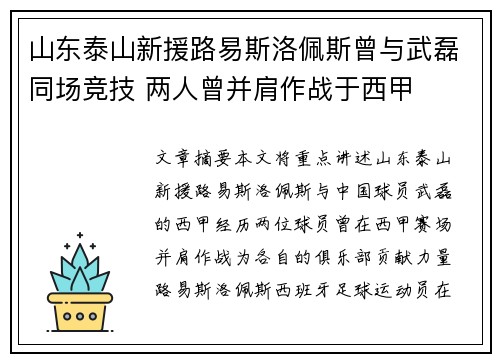 山东泰山新援路易斯洛佩斯曾与武磊同场竞技 两人曾并肩作战于西甲