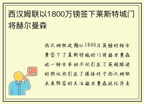 西汉姆联以1800万镑签下莱斯特城门将赫尔曼森